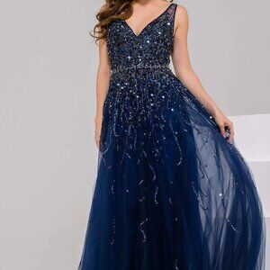 Navy Jovani Starry Night Sleeveless Sequin Beaded Formal Gown